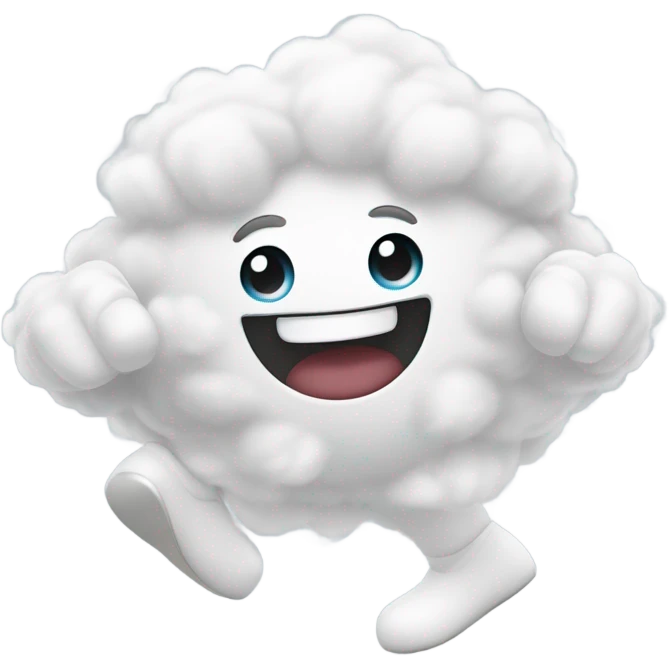 emoji of a fluffy white cloud in a dancing pose. cartoon style. arms and legs are expressive with lively movement. cheerful expression with closed eyes and a wide smile. isolated cutout. soft 3D lighting. no cast shadows. emoji