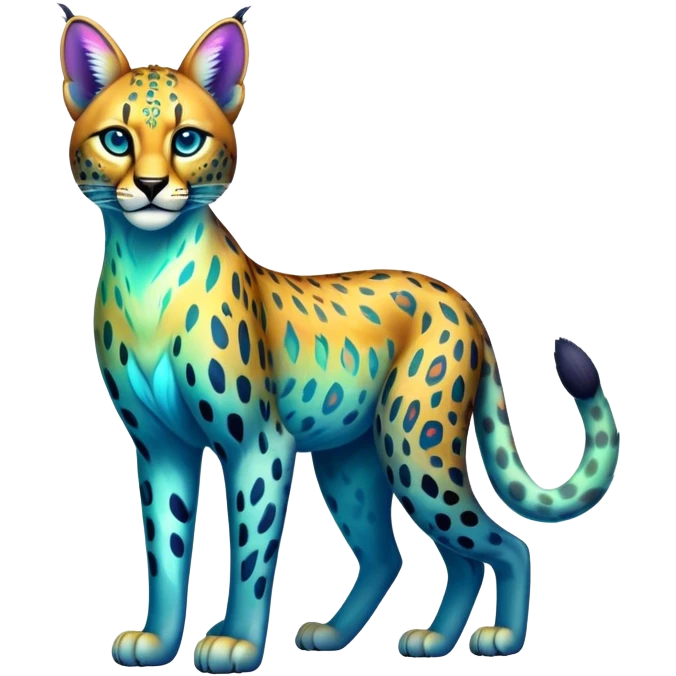 Colorful vibrant transparent iridescent luminescent ethereal fantasy-lynx-leopard-cheetah-caracal-serval-feline-animal, full-body emoji
