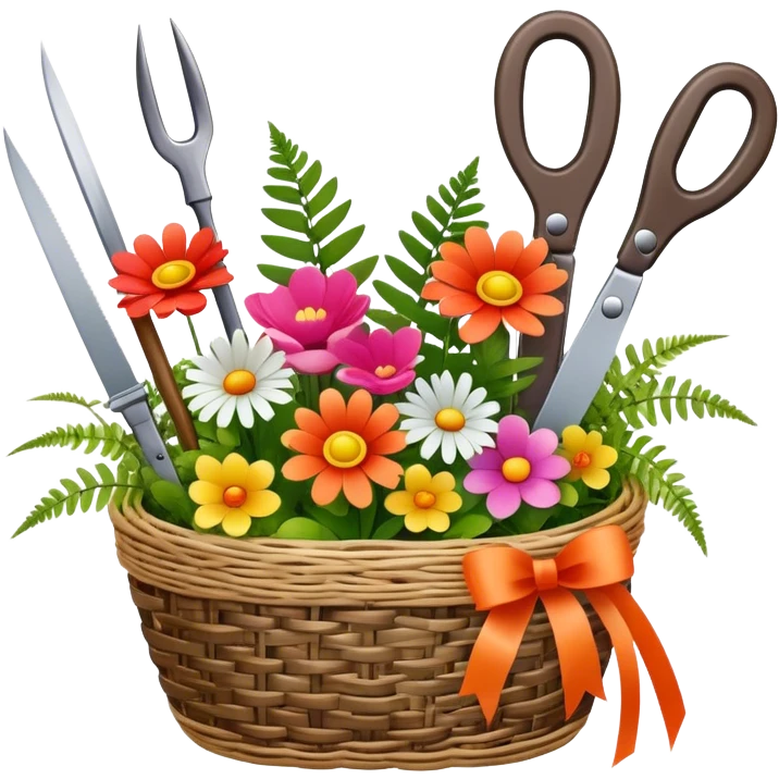 Icon for Floristry: a woven basket with flowers, reeds, ferns, bright ribbons and a small plush toy. Add big garden scissors and knife above. The icon should represent creativity in flower arrangement and decorative design. Transparent background. emoji