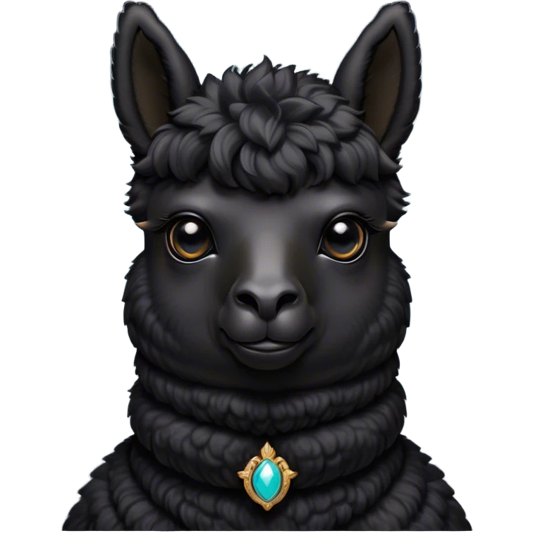 Cinematic Noble Black Alpaca Portrait Emoji, Poised and regal, with a striking, sturdy build and a sleek, well-groomed jet-black fleece, deep-set soulful dark eyes, Simplified yet sharp and sophisticated features, highly detailed, glowing with a soft, dignified glow, high shine, intelligent and mysterious, stylized with an air of elegant austerity, focused and attentive, soft glowing outline, capturing the essence of a watchful and confident companion, so majestic it feels as though it could stride out of the screen with effortless authority! emoji