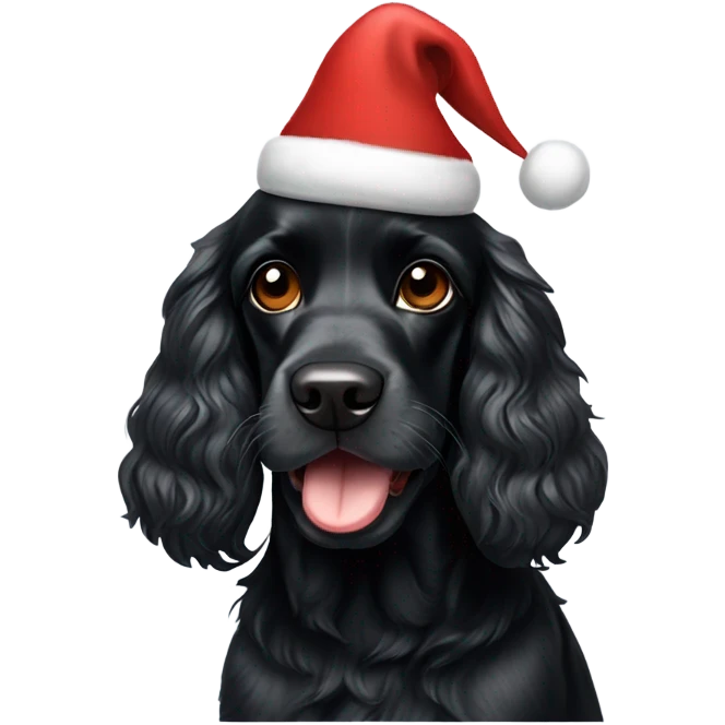 Black cocker spaniel wearing a Christmas hat emoji