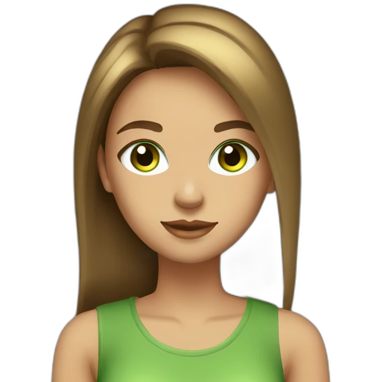Cute girl with straight long brown hair, green eyes, gold earrings and a green shirt. She ist looking fabulous btw emoji