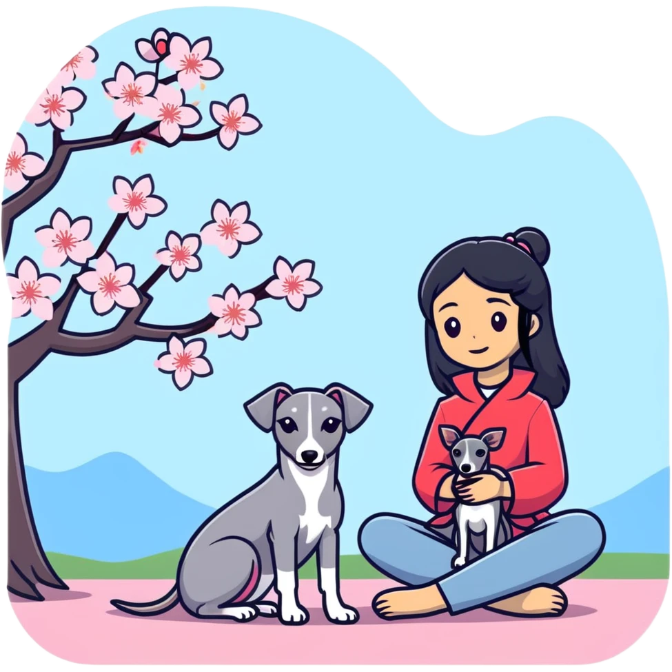 A beautiful 25-year-old Chinese woman with long black hair and a pure dark grey Italian Greyhound with absolutely NO white markings anywhere on its body sitting under a cherry blossom tree. The dog must be completely solid dark grey with no white on muzzle, paws, or chest. emoji