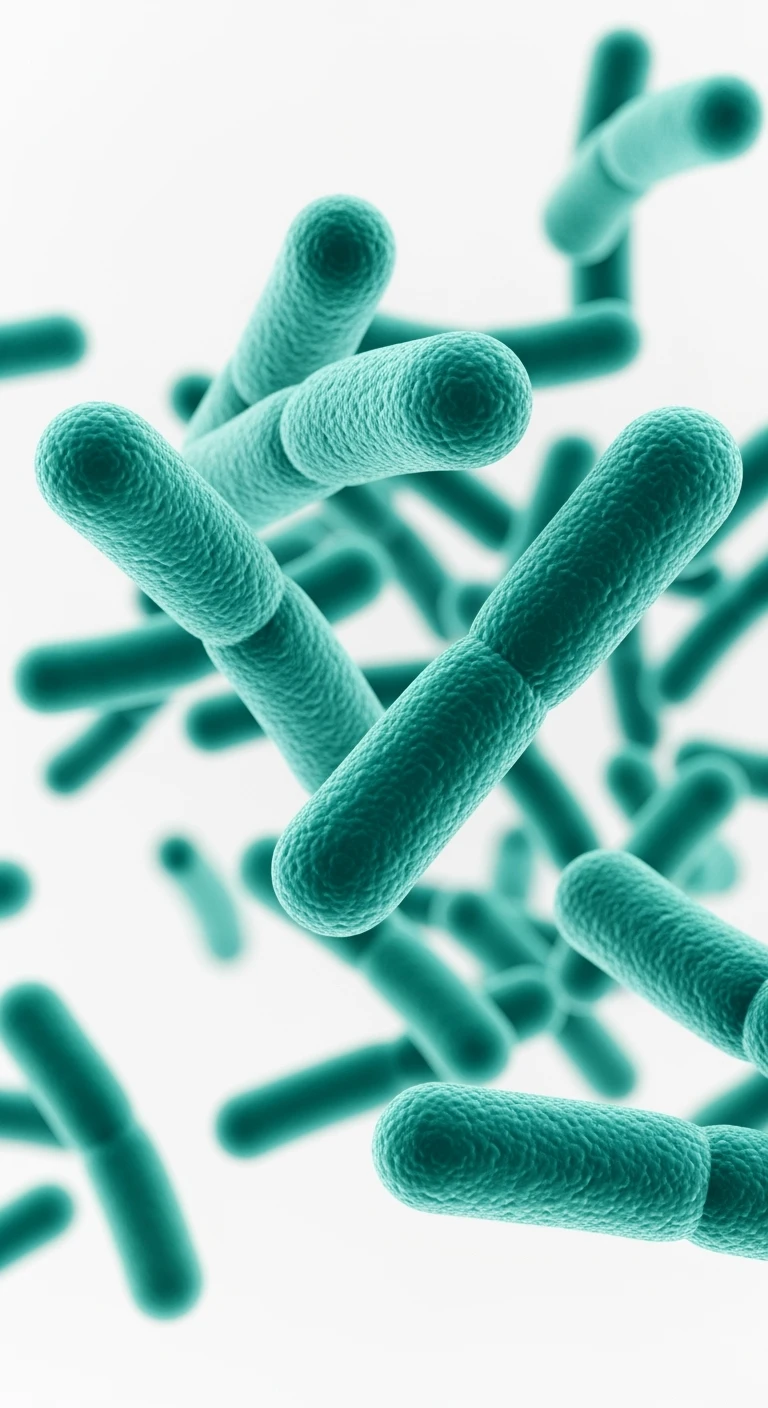batteri intestinali turchesi fluttuano in aria, sfondo bianco, ma iperrealistica 4k emoji