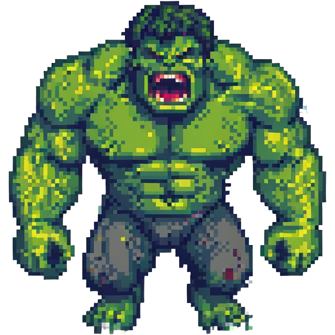 Add a pixel art city background behind Hulk roaring, keep the style consistent with pixel art style. emoji