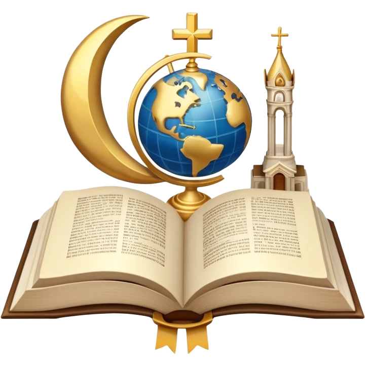 An icon featuring religious symbols like a cross, crescent moon, and star, alongside an open book, symbolizing the study of religion. The design includes a globe and a temple in the background, representing global faith traditions and spiritual exploration. Transparent background emoji