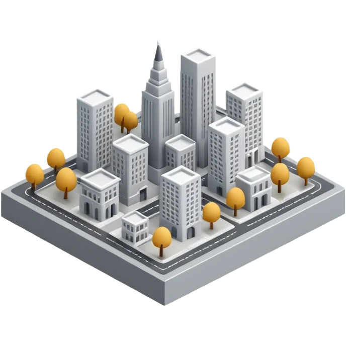 Icono 3D de una ciudad en miniatura. Estilo isométrico, renderizado 3D de alta calidad, texturas suaves y minimalistas (estilo clay render o plástico mate) emoji