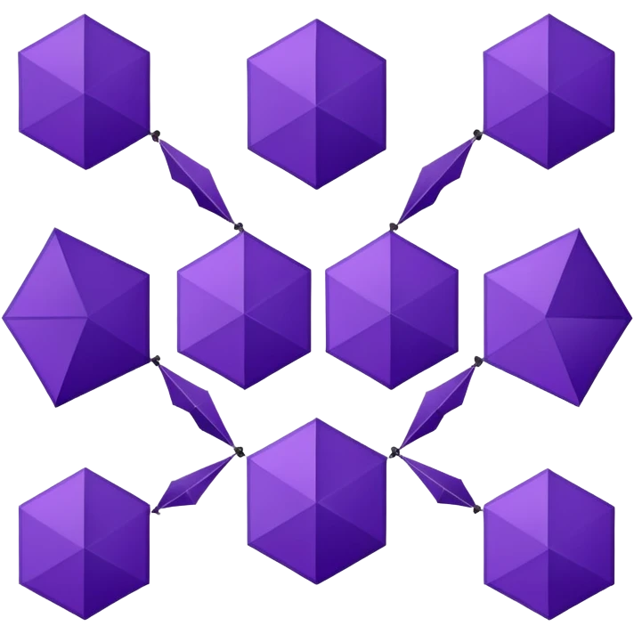 Dark purple central hexagon surrounded by 6 lighter purple elongated hexagons/kites with thin white lines. Two horizontal white lines through it. emoji