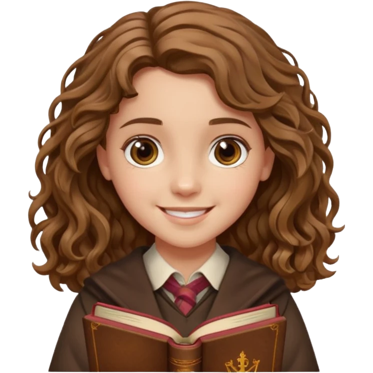 Hermione Granger with wavy hair and brown book in hand  emoji