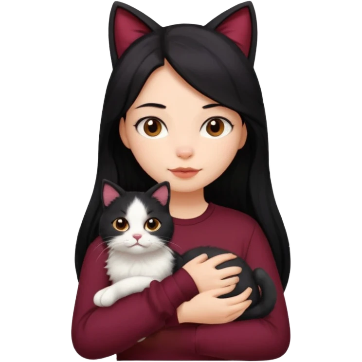 girl with long black hair, maroon shirt, holding a cat emoji