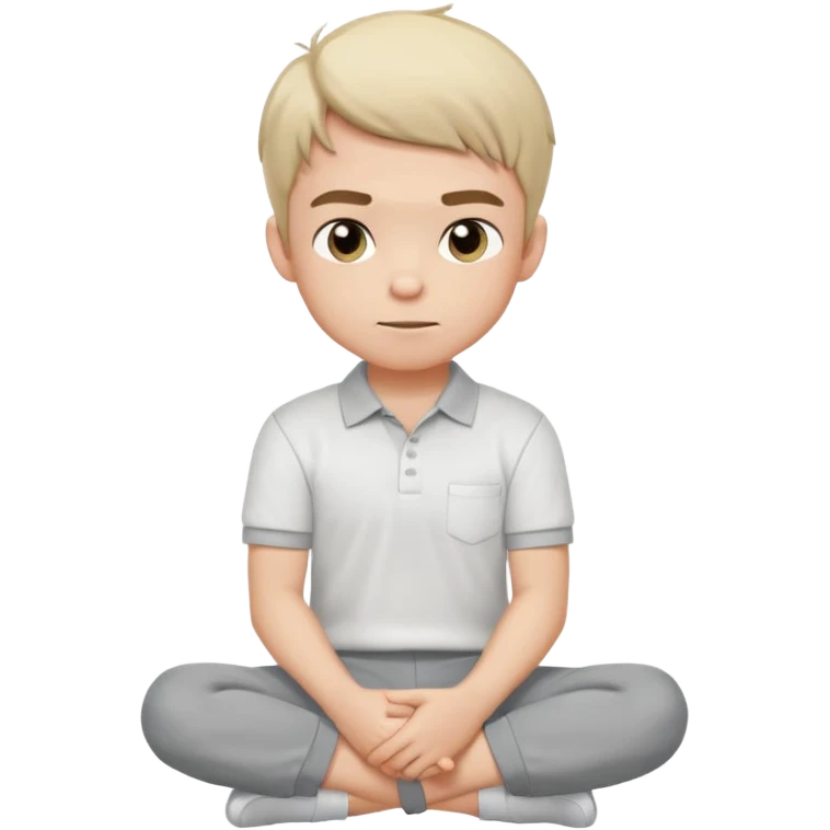 Cartoon boy sitting cross-legged, his fist pressed to his cheek, wearing a white polo and gray pants. He has a smug smirk, eyes looking forward. Clean lines, flat colors, solid black background, vector art, character sheet style. emoji