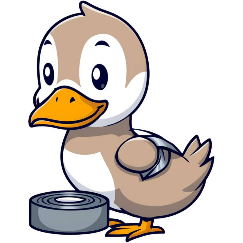 duck holding a roll of duct tape with a funny expression emoji