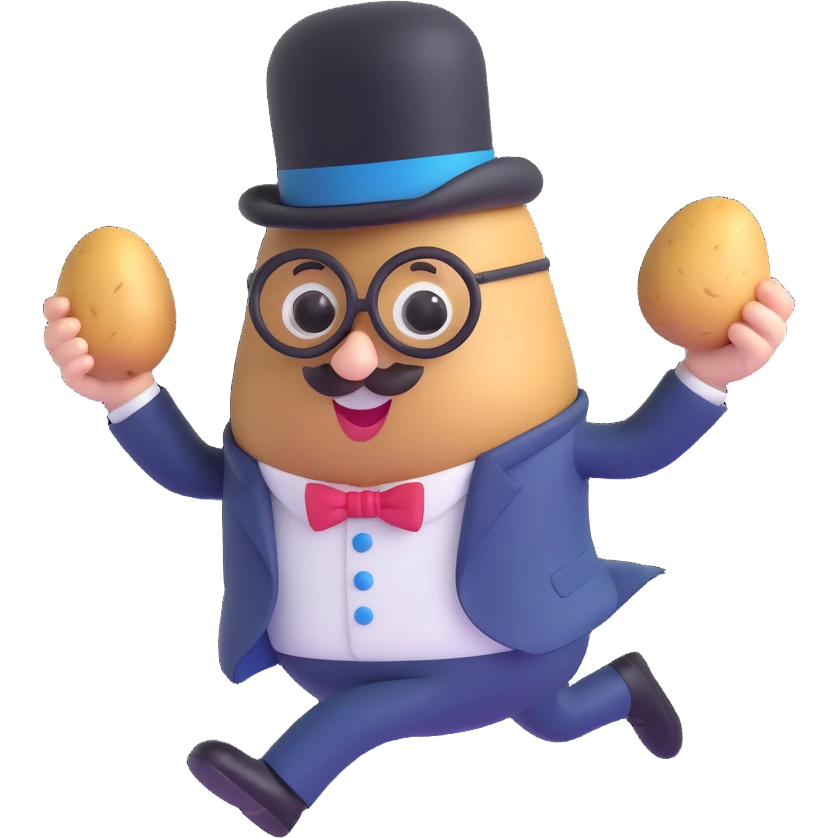 potato-shaped character, not human, wearing suit, monocle, and top hat, memoji style, running for president emoji