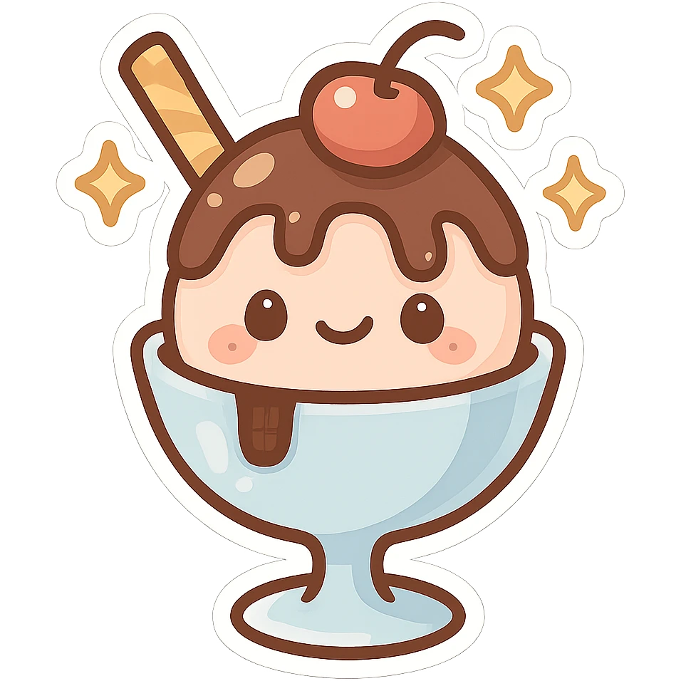 chibi sticker-style ice cream sundae with sparkles, cute and exaggerated emoji