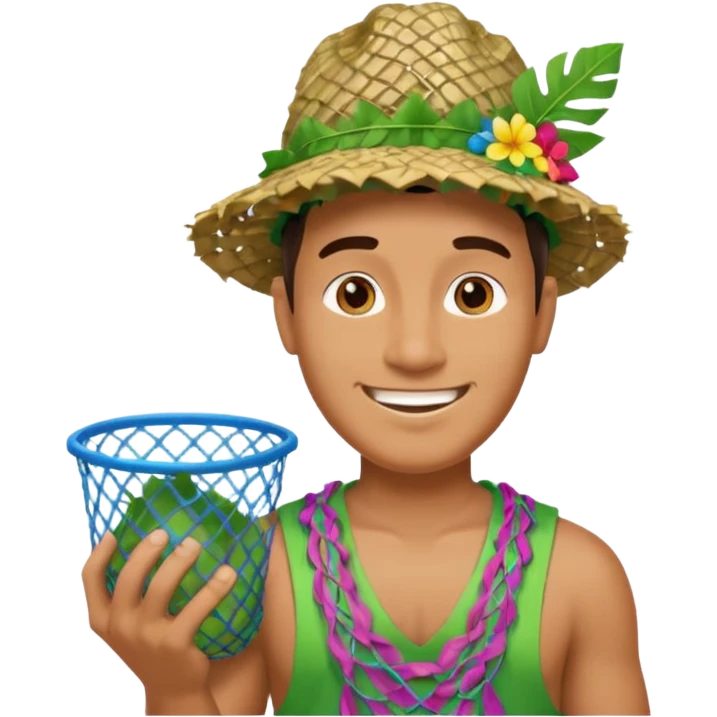 Hawaiian man with leaf hat and big trash net and colorful cloth emoji