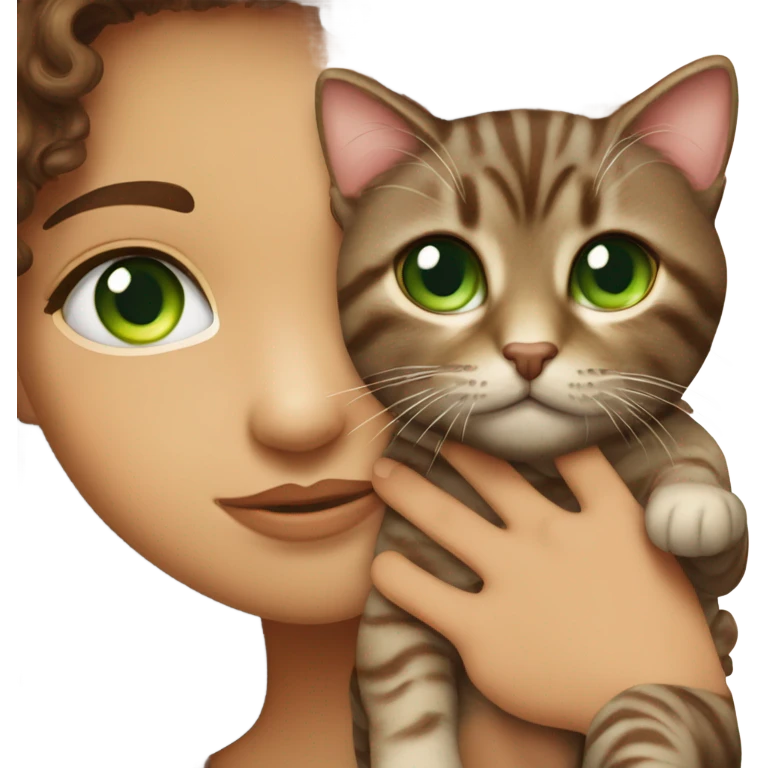 Dark brown curly haired girl with hazel eyes kissing a brown tabby cat with green eyes emoji
