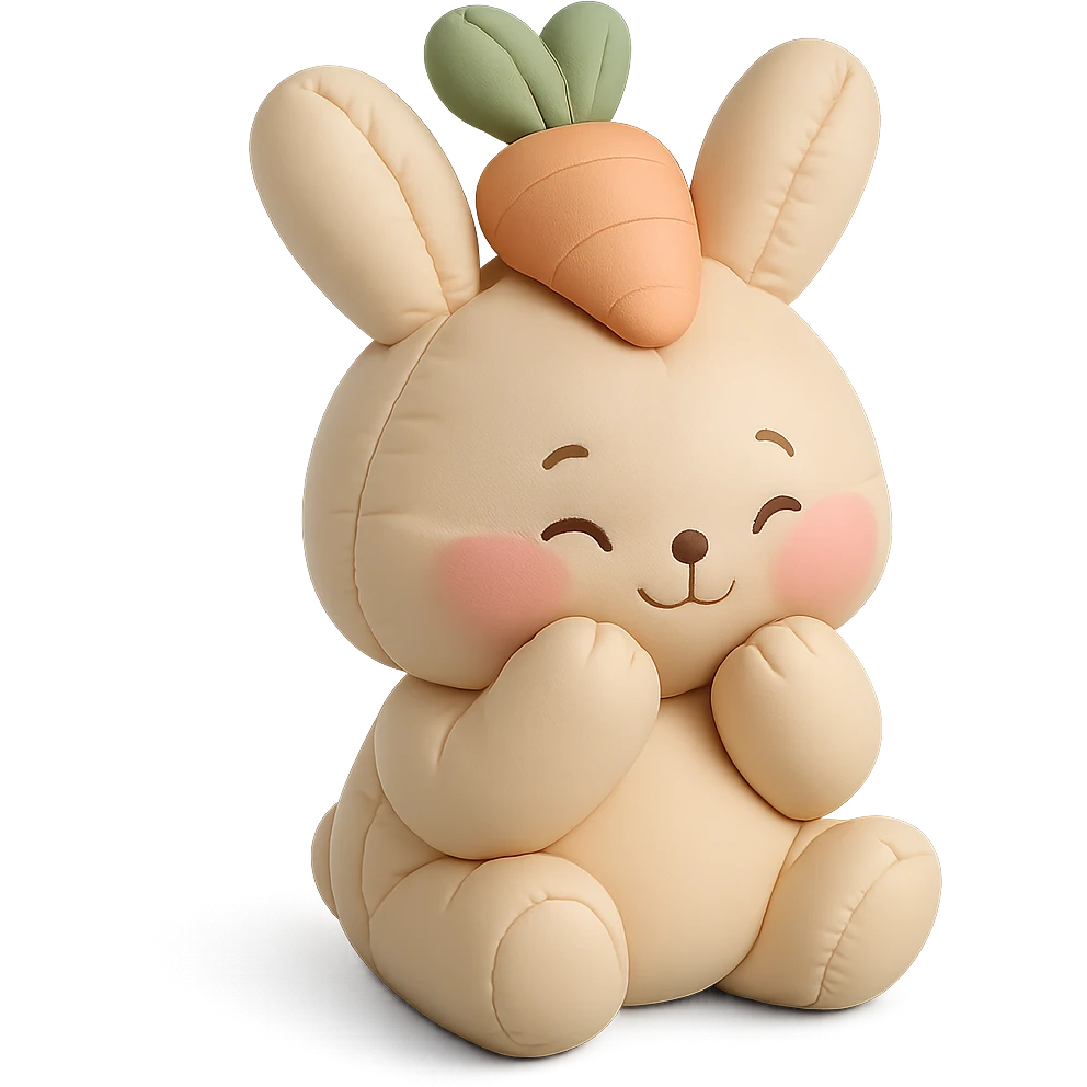 full-body beige bunny with carrot hat, blushing shyly, paws touching cheeks, bashful expression, pastel tones emoji