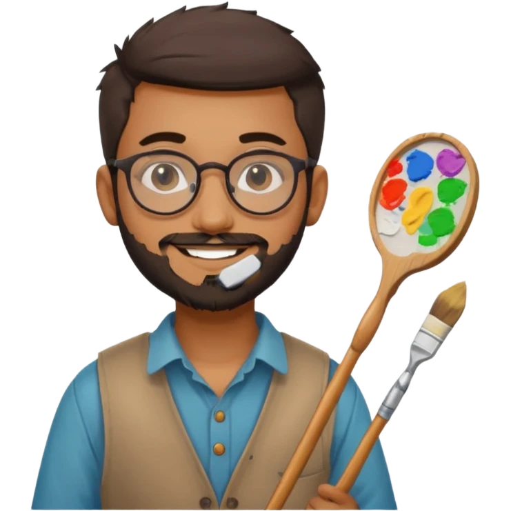 generate an ios genmoji of a 20 year old tan indian boy with rounded spectacles and a whaler beard, carrying a paintbrush and palette emoji