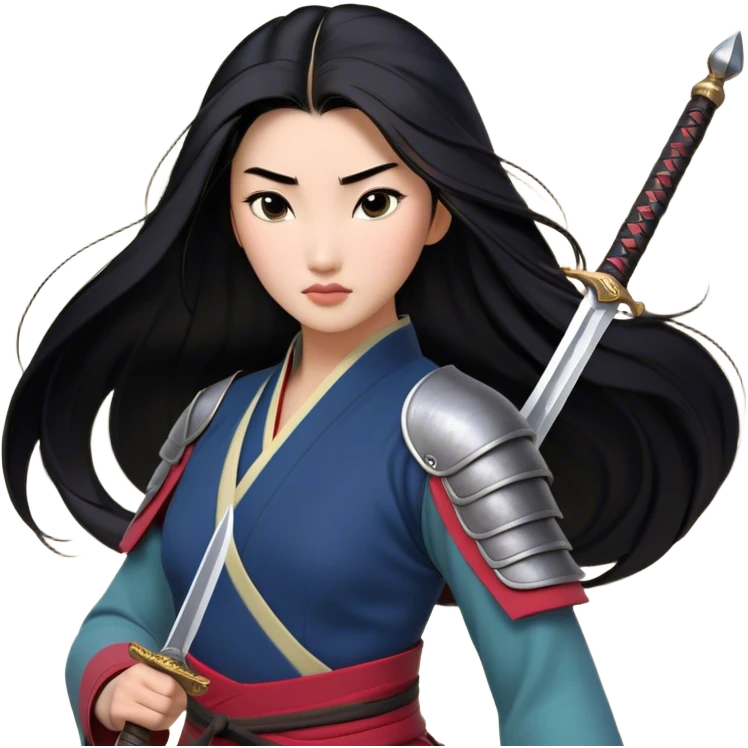 Cinematic Realistic Mulan Portrait, depicted with lifelike skin texture, soft natural lighting, and intricately detailed long black hair styled elegantly. Her deep, expressive eyes exude determination and grace, complemented by a serene yet confident expression. She stands with one hand resting on the hilt of her sword, the other by her side, exuding strength and poise. She is dressed in her classic attire, with rich fabric textures and delicate folds that catch the light beautifully. The portrait features a soft, enchanting glow with a natural, radiant finish, capturing the essence of timeless strength and beauty in a realistic and painterly style, evoking a sense of depth and authenticity. emoji