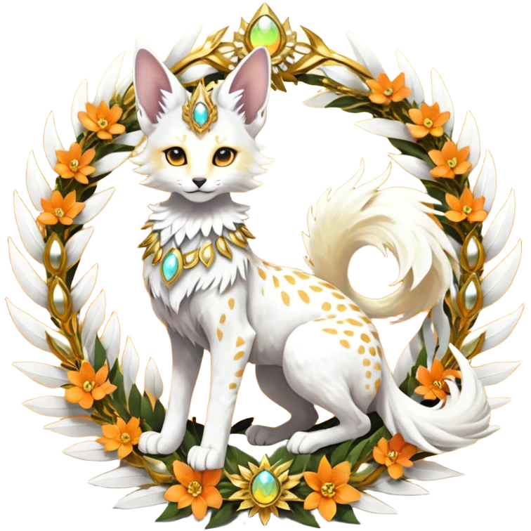 Epic complex fantasy glorious detailed futuristic divine godly angelic feathery sunny, white, albino, pastel, golden, orange glowing sparkly, realistic Fakémon-Sprigatito-Floragato-Meowscarada-Trico-Sergal-Serval-Solgaleo-Vernid-creature (full body) solarpunk, shiny sparkly with gold wreaths emoji