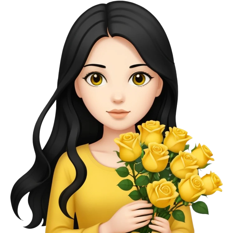 Beautiful girl with long black hair holding a bouquet of yellow roses emoji