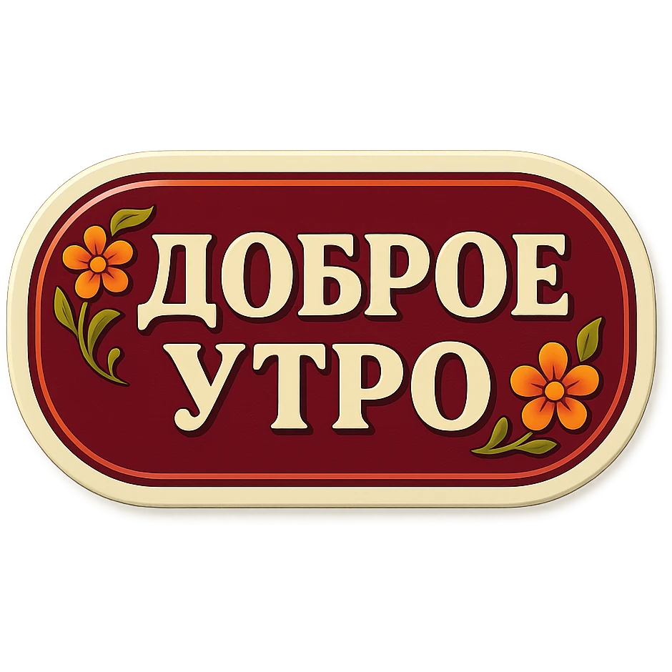 elongated horizontal plaque with the text 'Доброе утро', retro sticker style, burgundy background, beige letters, concise eastern floral ornament in the corners, soft shadows, transparent background emoji