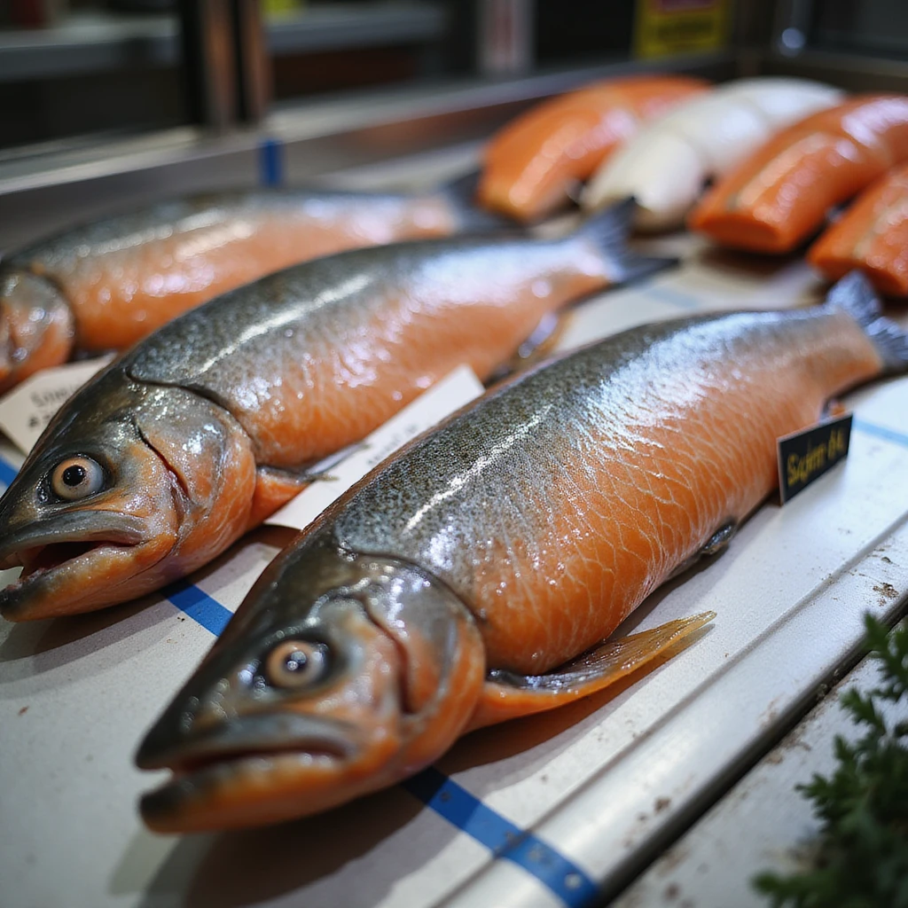 gray and orange salmon on a fish market counter, with tags indicating origin, realistic style, 4K resolution emoji