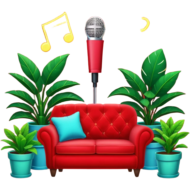 red velvet couch, stand microphone, houseplants, neon sign "karaoke" emoji