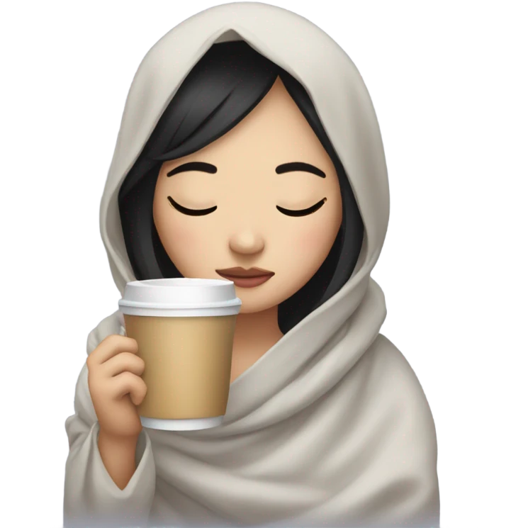 Asian girl inside a blanket sipping coffee eyes closed black hair emoji