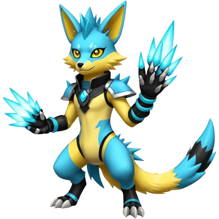 Shiny badass cool edgy spikey fluffy realistic cyan yellow white electric complex futuristic Zeraora-Renamon-Electrike-Umbreon-Manectric-Weregarurumon-fusion-creature (full body) wearing black gauntlets emoji