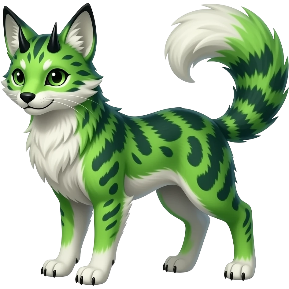 Feral Rare Fantasy neon-green fur with obsidian-onyx-black points and snowy-white belly Vernid-Sergal-Genet-Trico-species by LiLaiRa, random markings, tufted tail, tufted ears, full body emoji