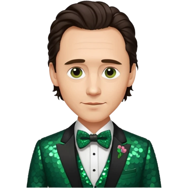 Tom Hiddleston with dark brown hair, dark green sequin suit with bow tie emoji
