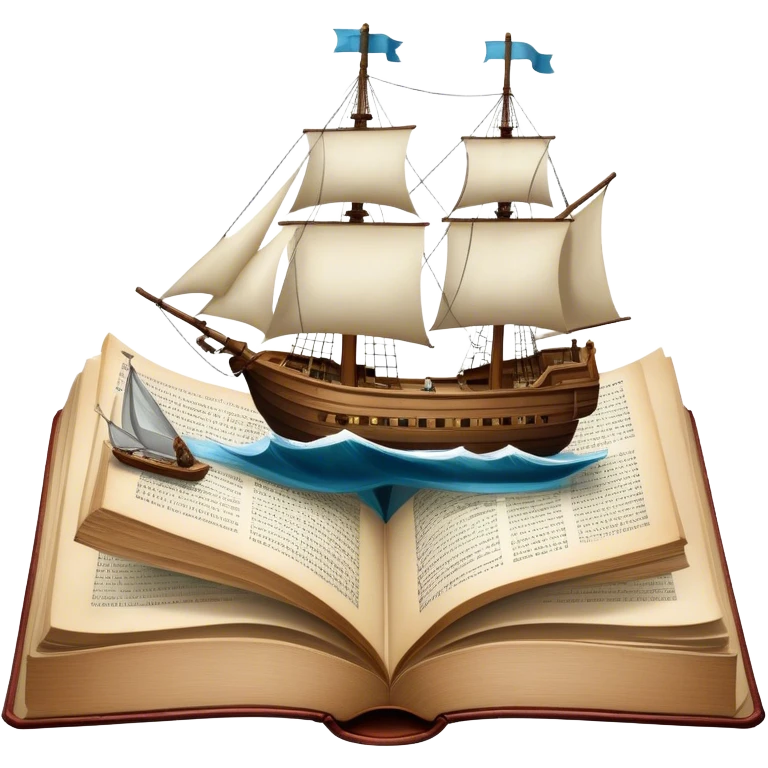 Collage for Reading Fiction: Cola large open book with pages turning into a sailing ship, with musketeers on horseback, and Sherlock Holmes with a magnifying glass standing nearby. The icon should evoke the adventure and romance of exploring fictional worlds. Transparent background emoji