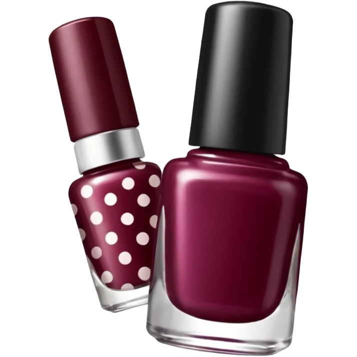 burgundy nail polish bottle, nail polish has light gold iridescence, cap is black with white polka dots, cinematic emoji emoji