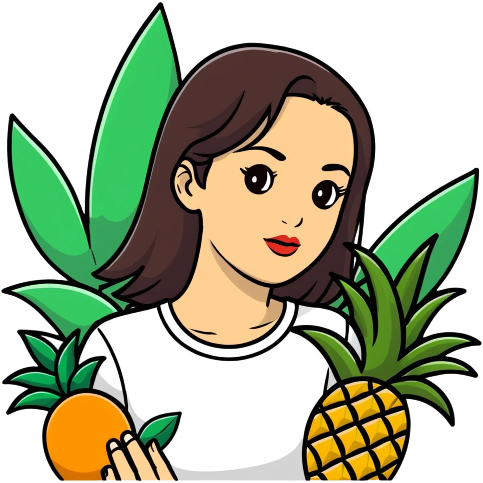 serene young woman with straight dark brown hair, full lips, almond-shaped brown eyes, surrounded by tropical plants, palm trees, pineapples, oranges, lush leaves, botanical illustration style, soft lighting, vibrant colors, sticker-like white outline emoji