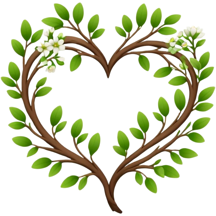 Natural minimal branches with a few flowers in a twisty heart shape emoji