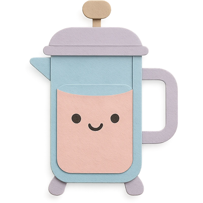 adorable French press with cute face, soft pastel tones, full body, hand-drawn paper craft style emoji