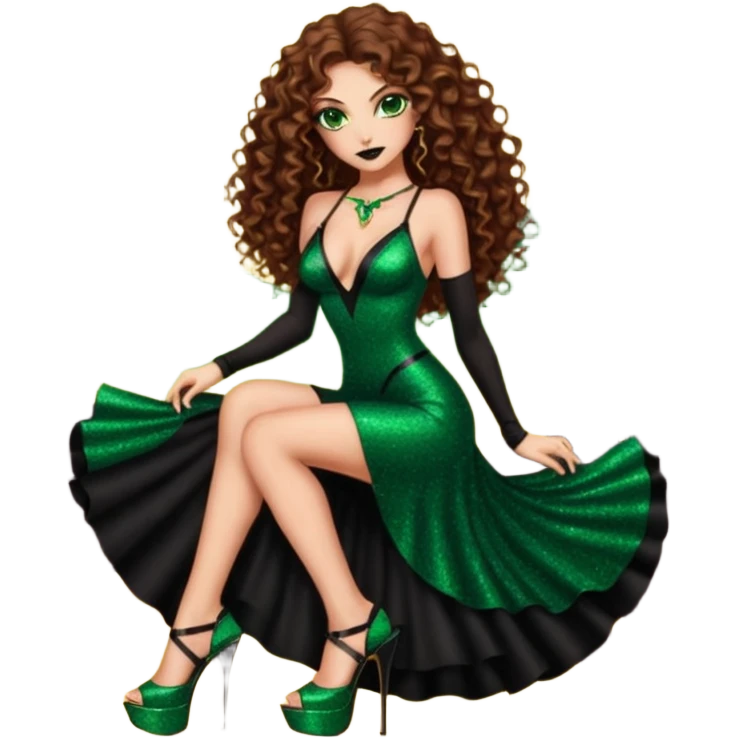 green eyes brown long curly hair evil siren woman,with 7 inch platform stripper high heels black glitter dress, Los Angeles Spanish style black outfit emoji