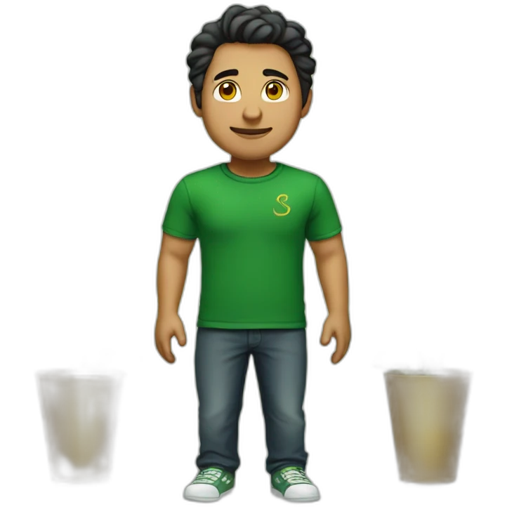 Man with a green dark T-shirt with a golden simorgh symbol emoji