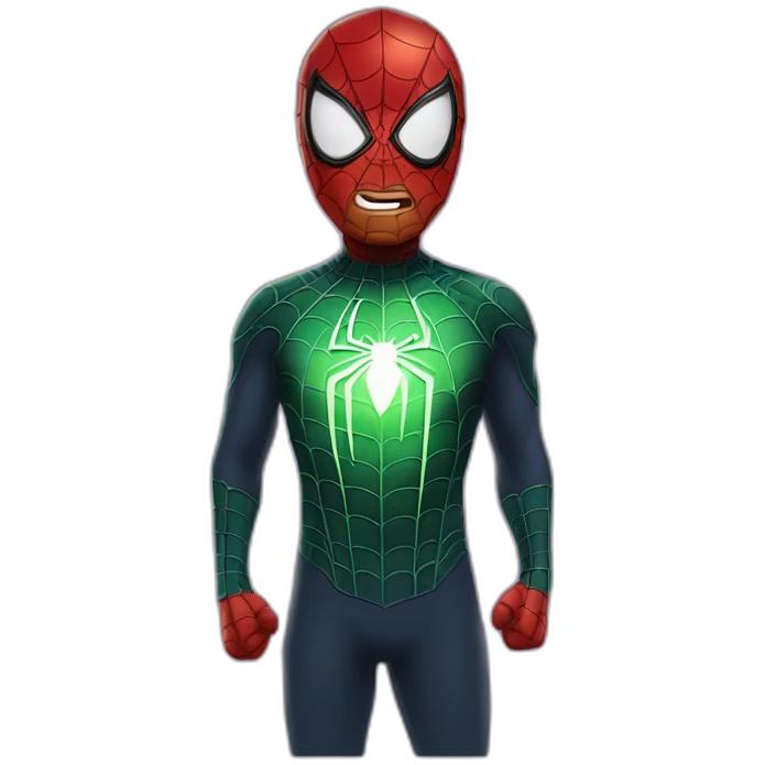 a man in a spider-man costume, but instead of a head there is a glowing light bulb emoji