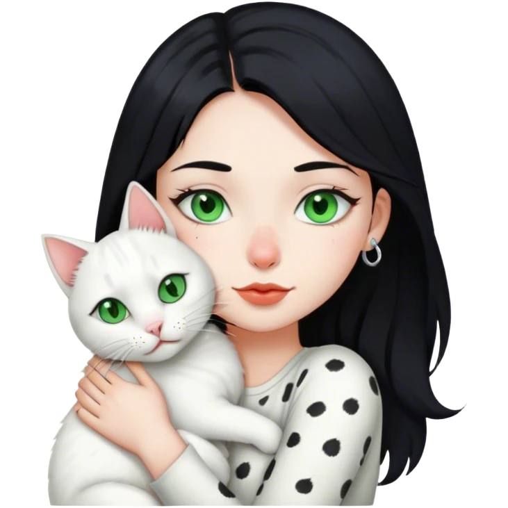 girl with black hair, green eyes, nose piercing, lip piercing hugs white cat with gray spots on head emoji