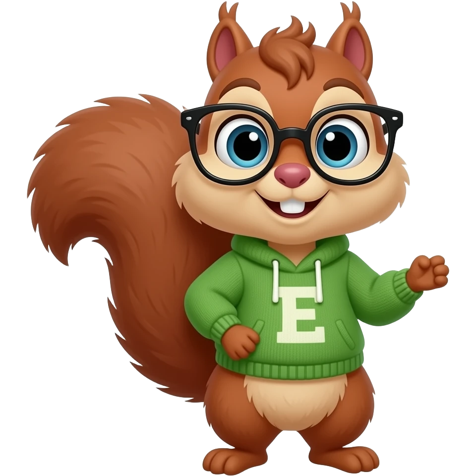 Draw Theodore the chipmunk as a female with E written on a green sweater and a black glasses emoji