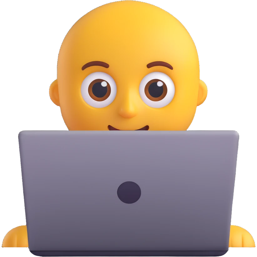 copywriter emoji, laptop with text, focused face emoji