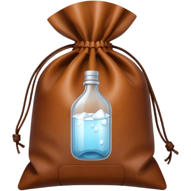 white transparent plastic bottles popping out of a leather brown bundle bag emoji