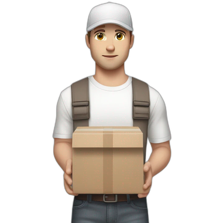 Pale skinned fit Man with dark brown hair in a light gray cap, dark brown jeans, brown polo and white T-shirt keeping a pasted with tape white box into his hands emoji