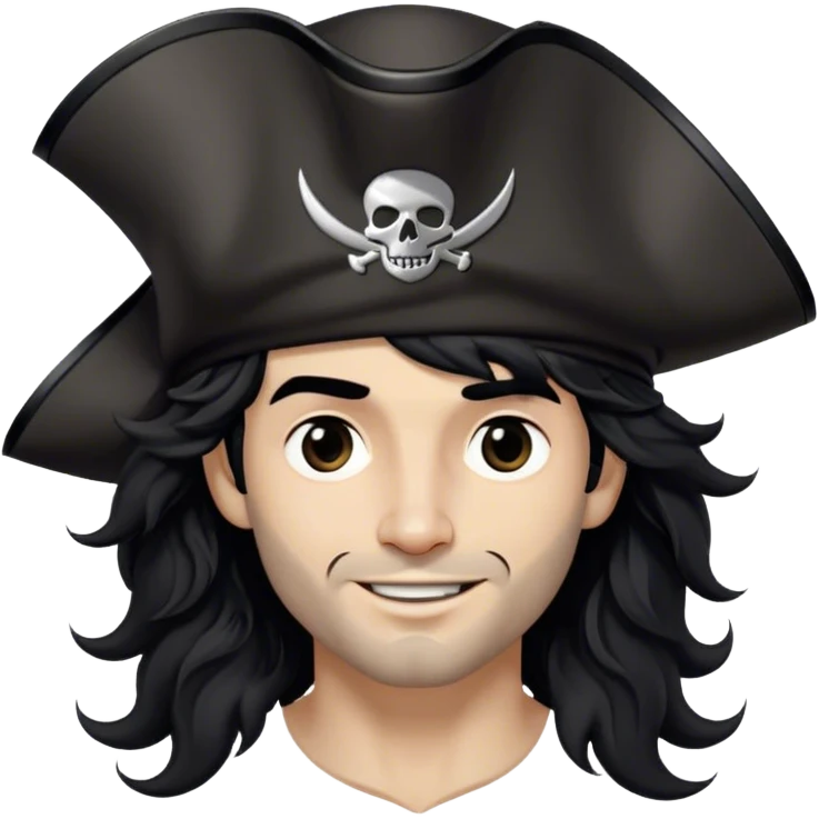 A charismatic pirate with wavy black hair tousled by the breeze. His silver-embroidered tricorn hat casts a shadow. He turns slightly, dark eyes glinting with mischief as he looks to the side, a knowing smile on his lips emoji