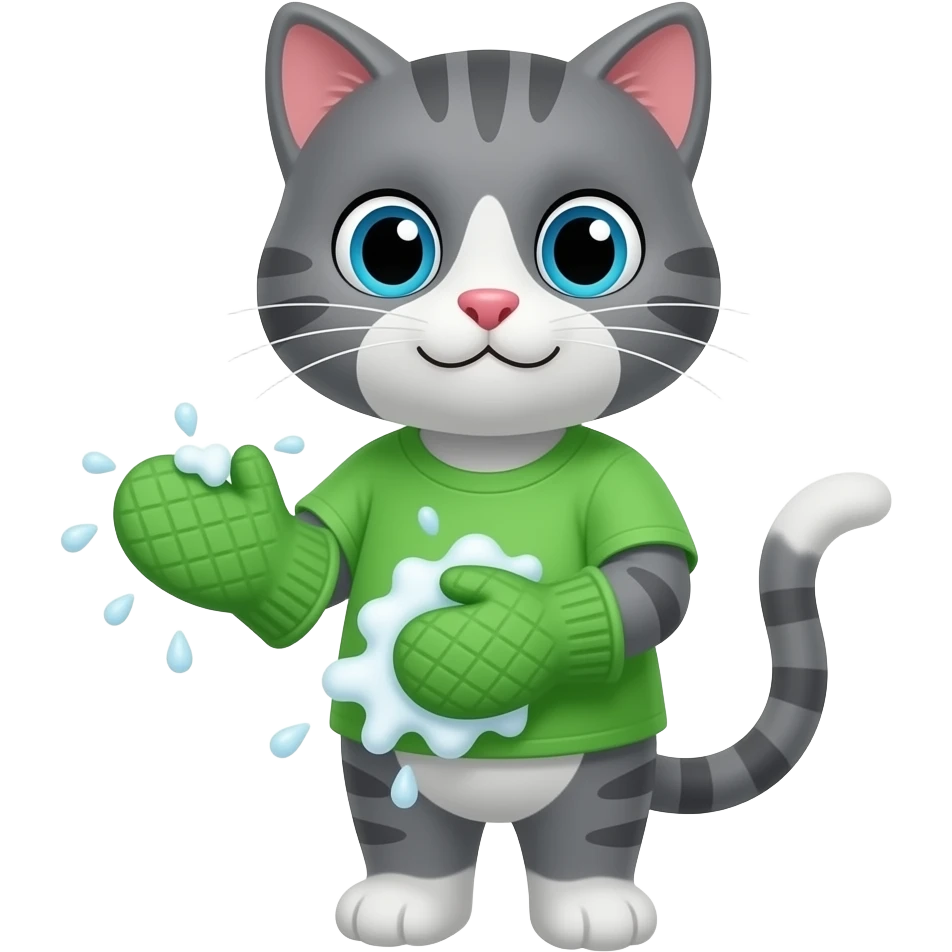 Cartoon brother gray cat wearing a green shirt standing wasing the green mittens in a ick emoji