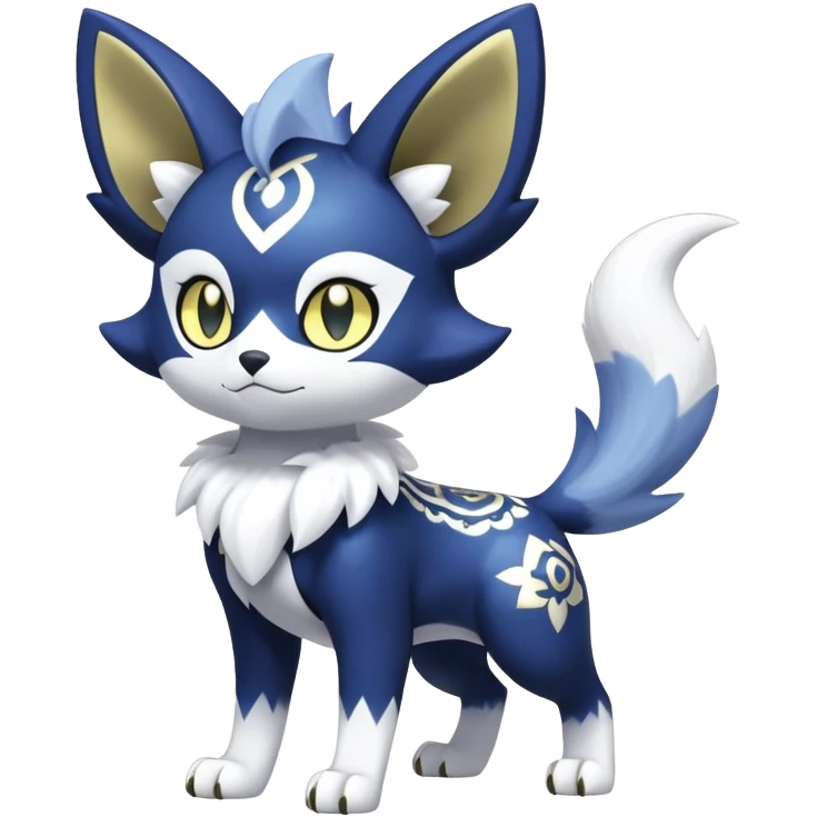 Shiny mExotic Colorfulj Excessive Mysterious Gothic Meowstic-Poochyena-Pokémon-Fakémon-hybrid-creature (full body) with pattern-markings with golden eyes emoji
