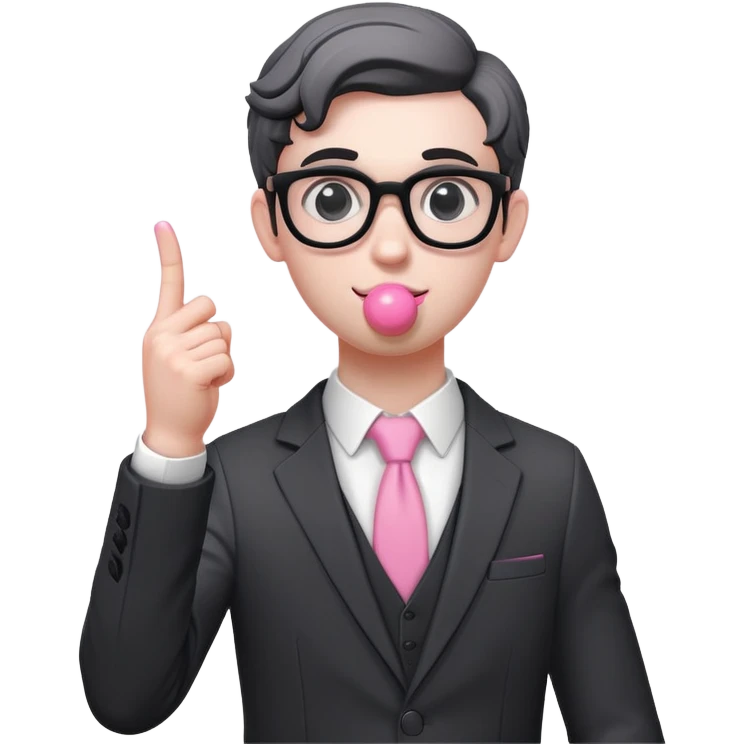 Aesthetic, greek urban sculpture, nerd, aesthetic greek sculpture young nerd, white nerd sculpture character, black suit, gray background, chewing a ball of pink gum, raising the index finger upwards emoji