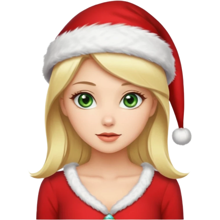 Gorgeous sexy green eyed blonde in a red dress wearing a Santa hat emoji